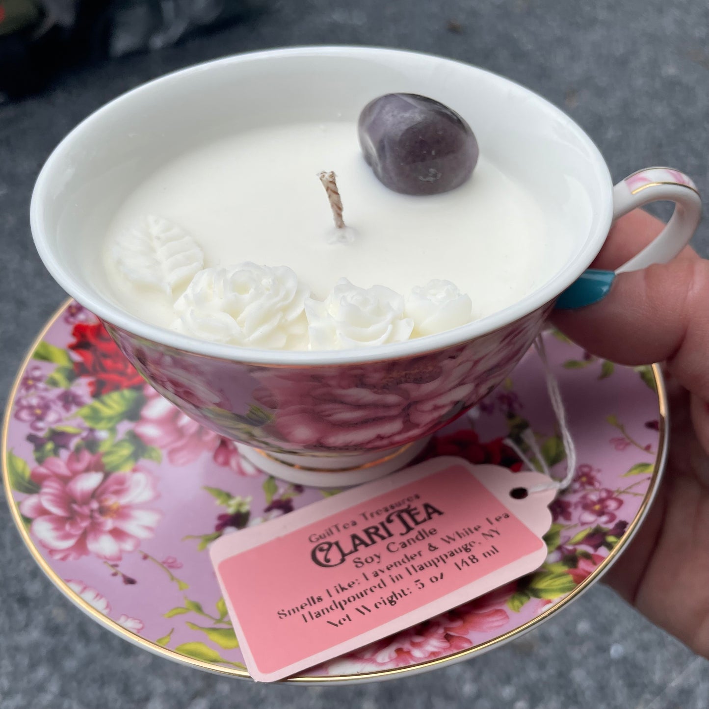 Teacup Candle with Chevron Amethyst - Purple (Lavender & White Tea)